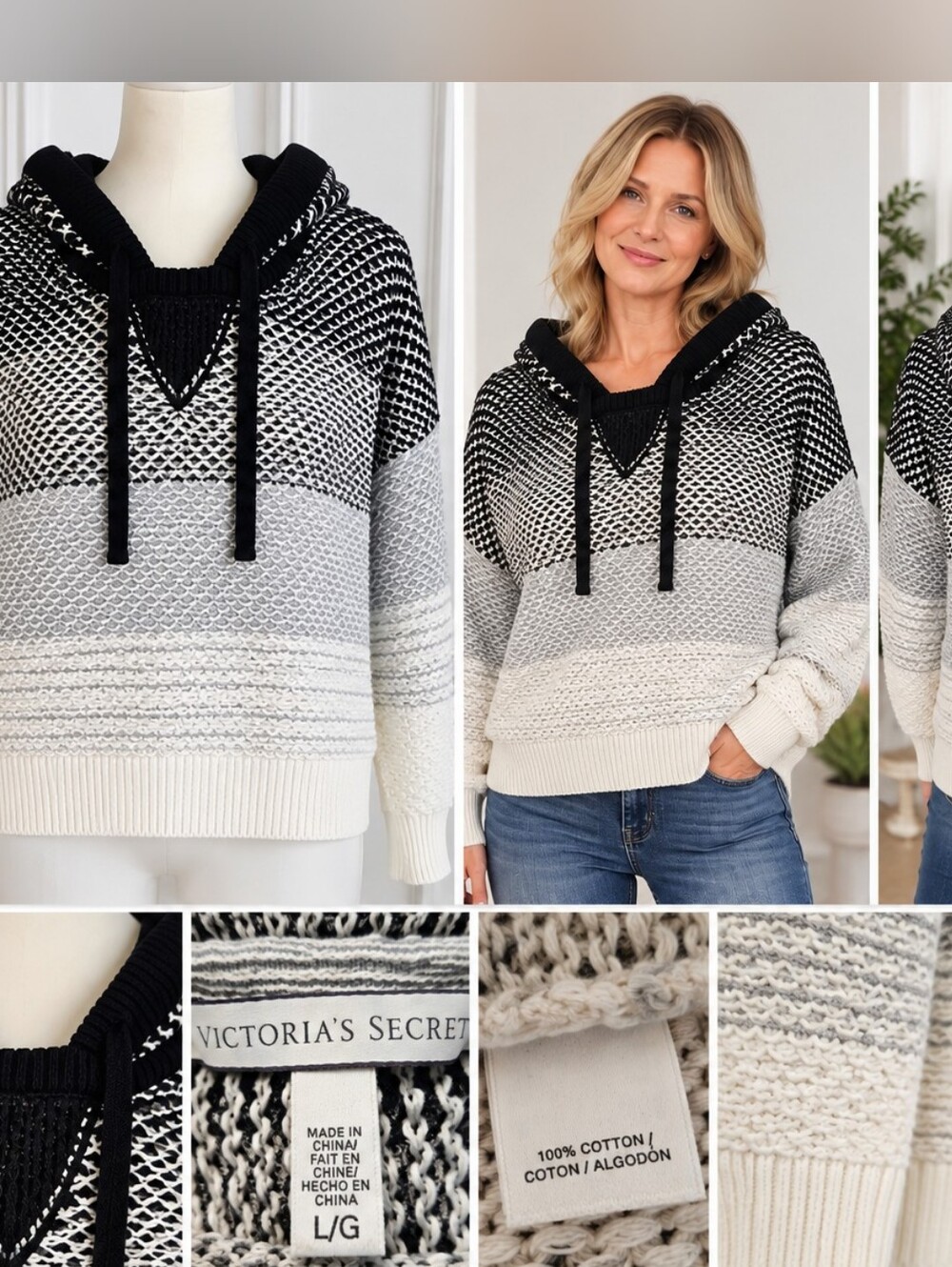 Victoria's Secret Womens L Oversized Cotton Knit Hooded Sweater Black White